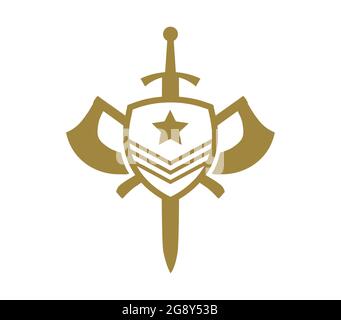 Sword and two crossed axes. In front a shield with a star Stock Vector