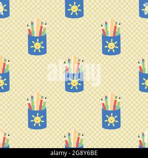 Back to school pencil caddy vector seamless pattern background. Fun pencils in sun decorated caddies on yellow gingham textured backdrop. Writing Stock Vector