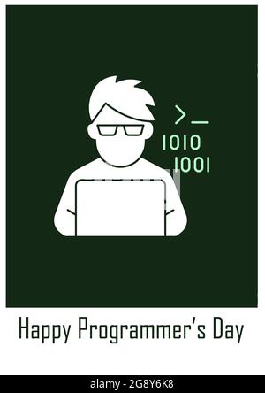 Congratulations to programmers greeting card with glyph icon element. Creative simple postcard vector design. Decorative invitation with minimal illus Stock Vector