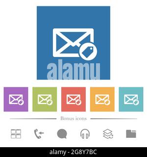 Tagging mail flat white icons in square backgrounds. 6 bonus icons included. Stock Vector