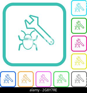 Bug fixing outline vivid colored flat icons in curved borders on white background Stock Vector