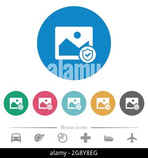 Protected image flat white icons on round color backgrounds. 6 bonus icons included. Stock Vector