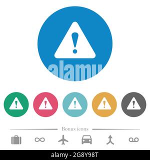 Triangle shaped warning sign flat white icons on round color backgrounds. 6 bonus icons included. Stock Vector