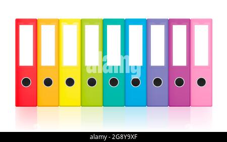 Ring binders, colorful blank leaf binder set, rainbow colored collection for happy office work and tidy filing - illustration on white background. Stock Photo