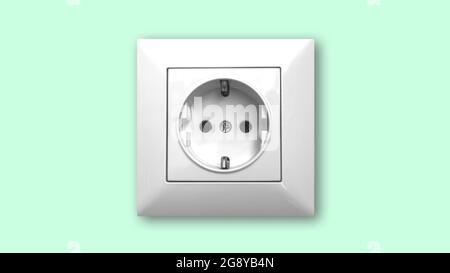 Electrical outlet on mint wall, green power concept, electric socket, green energy, european standard F socket closeup Stock Photo