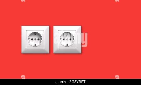 Two EU electric outlet on a modern red wall, flat background and design, copy space Stock Photo