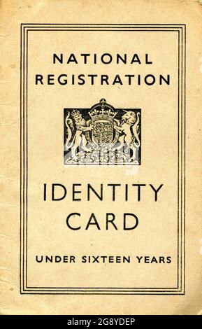 A British National Identity card for a child under sixteen. Launched in 1939 at the start of the Second World War, they were discontinued in 1952. Stock Photo