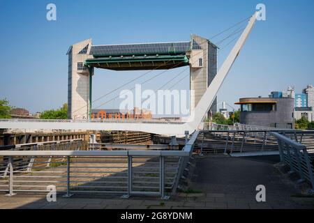 River Hull tidal surge barrier at rest amd in readiness for emergency use in the event of water level rising to dangerous levels. Hull, Humberside, UK. Stock Photo