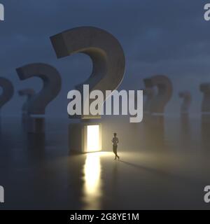 woman at front of question mark emitting light Stock Photo