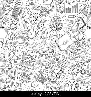 Business seamless pattern. Black doodles in sketchy vintage style on white background. Vector illustration. Stock Vector
