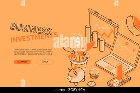 Business investments - line design style isometric web banner. Orange office header with text copy space. Laptop, plant, earning money, data analysis, Stock Vector