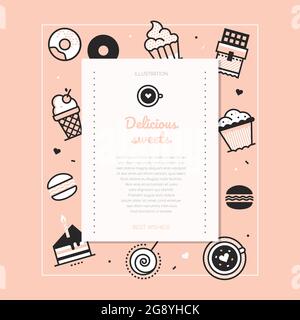 Delicious sweets - vector line design style poster on pink background. High quality images for cafe, restaurant, shop. Donuts, cupcake, coffee, ice cr Stock Vector
