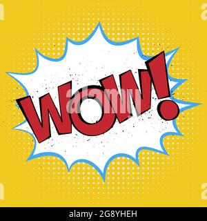 word WOW in comic splash bubble on yellow halftone background, vector illustration Stock Vector