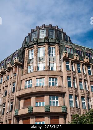 Prague, Czech Republic - July 4 2021: Supich House Geometric Art Nouveau Building or Palace on Wenceslas Square. Stock Photo