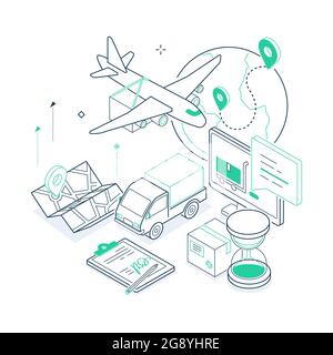 Transport logistics - green and black isometric line illustration. Fast delivery concept. Delivery planning by different methods. Airplane, truck, map Stock Vector