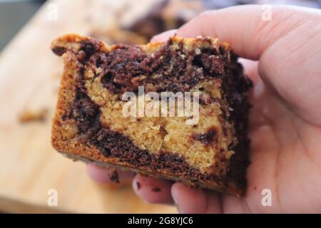 SLICE OF MARBLE  SPONGE CAKE Stock Photo