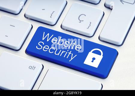 Website Security word and padlock icon on blue computer keyboard Stock Photo