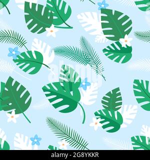 Seamless pattern with tropical plants and blue and white flowers. Summer background with green palm leaves. Simple vector wallpaper Stock Vector
