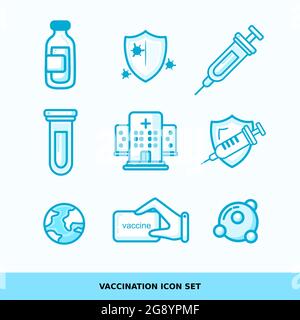 vaccine vector icon set with flat design with blue outline, EPS presents icons that are grouped also by layer to layer, easy to edit Stock Vector