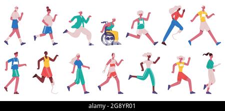 Jogging characters. Running female and male people, sprinting, jogging and jumping men and women isolated vector illustration set. Runners athletes Stock Vector