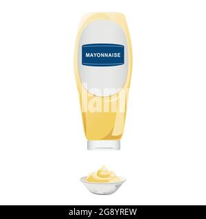 Mayonnaise in glass bottle with ceramic bowl. Jar with white sauce. Condiment container in cartoon style. Vector illustration. Stock Vector