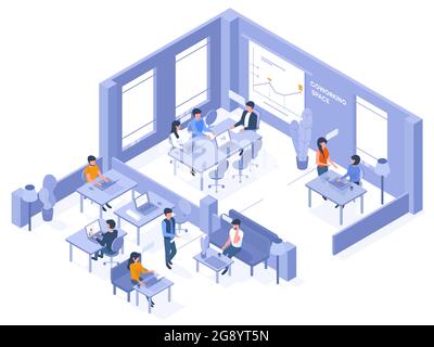 Coworking isometric office. Freelancer coworkers in open office space, 3d business coworking space vector illustration. Creative isometric office Stock Vector