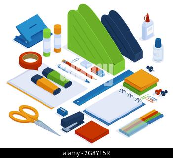 Office supplies. Isometric stationery tools, stapler, ruler, scissors and duct tape, 3d school or office stationery vector illustration set. Isometric Stock Vector