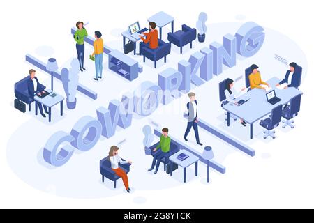 Isometric coworking concept. Freelance business people work in open office space vector illustration. Coworking 3d environment space Stock Vector