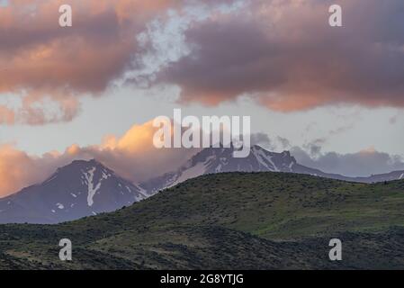 Beautiful sunset over the Erciyes mountain and green highlands in Kayseri