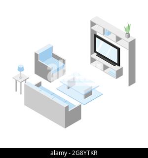 Living room idea. Set of furniture, Sofa with table and the television on the shelf. Isometric Drawing Vector. Stock Vector