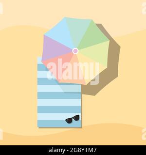 Top view of Towel, Umbrella and Sunglasses on Sand, For Summer Icon, Background Design. Stock Vector
