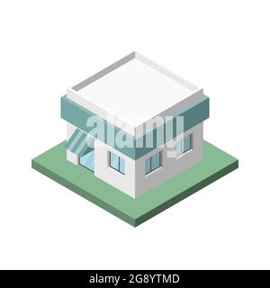 Vector Isometric of Shop with Striped awning Building for Icon, Infographic design. Stock Vector