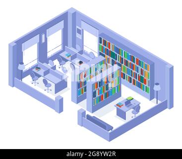 School or university isometric library bookshelves and bookcases interior. College library with books and bookcases vector illustration. Isometric Stock Vector