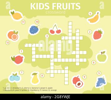 Summer fruits crossword. Educational crossword kids game with lemon, apple, grape and orange fruits vector illustration. Fruits crossword puzzle for Stock Vector
