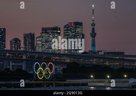 16th July 2021 - A large monument of the Olympic rings is displayed before the Tokyo 2020 Olympic Games in Tokyo, Japan