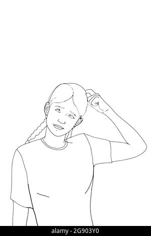 cartoon girl half body and thinking  white background,line art. Stock Photo