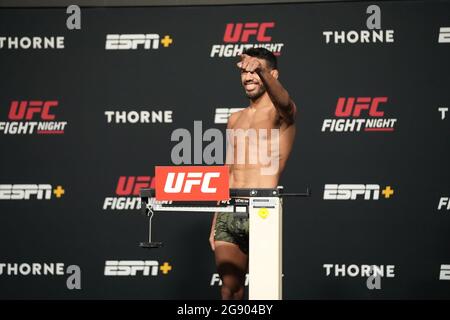 Las Vegas, USA. 23rd July, 2021. Las Vegas, NV - JULY 23:Julio Arce steps on the scale for the official weigh-ins during UFC Fight Night Vegas 32 - Weigh-in at UFC APEX on July 23, 2021 in Las Vegas, NV, United States. (Photo by Louis Grasse/PxImages) Credit: Px Images/Alamy Live News Stock Photo