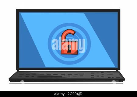 Unlock security  key on laptop screen illustration drawing. Stock Photo