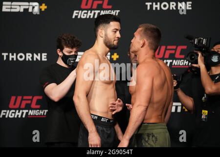 Las Vegas, USA. 23rd July, 2021. Las Vegas, NV - JULY 23:Nassourdine Imavovl (left) and Ian Heinisch (right) face off for the official weigh-ins during UFC Fight Night Vegas 32 - Face-off at UFC APEX on July 23, 2021 in Las Vegas, NV, United States. (Photo by Louis Grasse/PxImages) Credit: Px Images/Alamy Live News Stock Photo