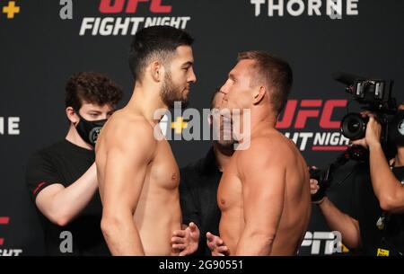 Las Vegas, USA. 23rd July, 2021. Las Vegas, NV - JULY 23:Nassourdine Imavovl (left) and Ian Heinisch (right) face off for the official weigh-ins during UFC Fight Night Vegas 32 - Face-off at UFC APEX on July 23, 2021 in Las Vegas, NV, United States. (Photo by Louis Grasse/PxImages) Credit: Px Images/Alamy Live News Stock Photo