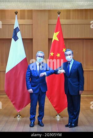 Chengdu, China's Sichuan Province. 23rd July, 2021. Chinese State Councilor and Foreign Minister Wang Yi holds talks with visiting Maltese Foreign Minister Evarist Bartolo in Chengdu, capital of southwest China's Sichuan Province, July 23, 2021. Credit: Liu Kun/Xinhua/Alamy Live News Stock Photo