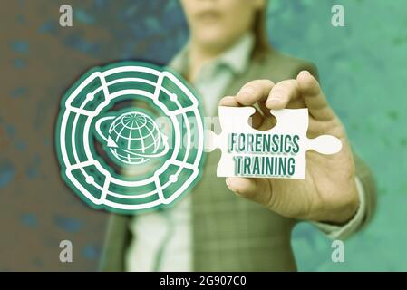 Conceptual caption Forensics Training. Business approach scientific methods and processes to solving crimes Business Woman Holding Jigsaw Puzzle Piece Stock Photo
