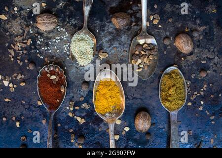 Spoons with various spices and legumes Stock Photo