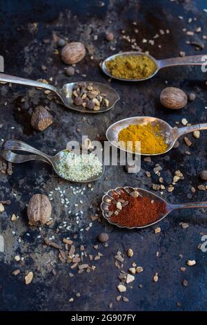 Spoons with various spices and legumes Stock Photo