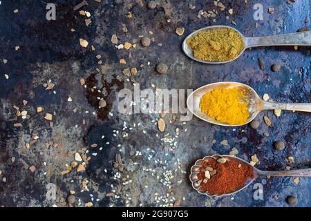 Spoons with various spices and legumes Stock Photo