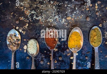 Spoons with various spices and legumes Stock Photo
