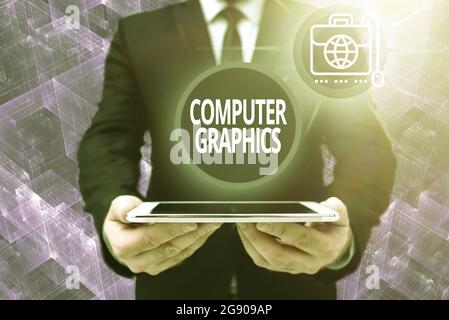 Writing displaying text Computer Graphics. Business concept visual representations of data displayed on a monitor Man In Office Uniform Holding Tablet Stock Photo