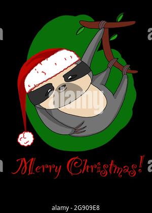 Merry christmas card,greeting card ,cute sloth and santa claus hat ,merry christmas text.Black background. Stock Photo