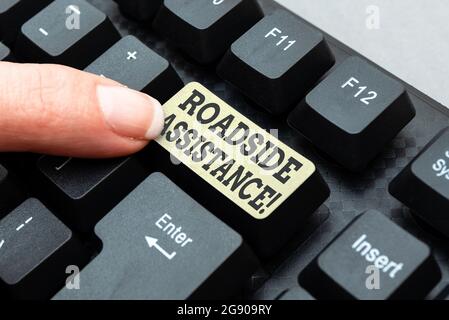 Writing displaying text Roadside Assistance. Word Written on helps drivers when their vehicle breaks down on the road Typing New Blog Contents Stock Photo