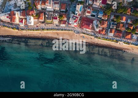 Turkey, Aydin Province, Kusadasi, Aerial view of Ladies Beach in summer Stock Photo